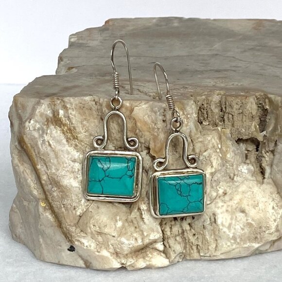 Sterling Silver 925 1.64" Rectangular Bezel Set Faux Turquoise Dangle Earrings - Picture 16 of 16